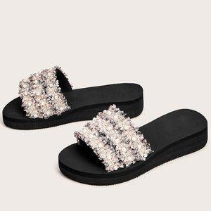 Faux Pearl Decor Chunky Sole Sliders